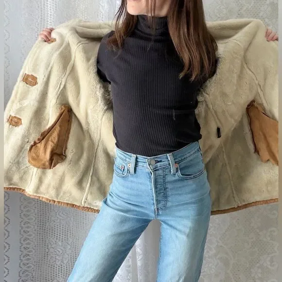 Vintage 90s Faux Shearling Gallery Caramel Winter Coat Warm Lined Medium - Picture 6 of 12